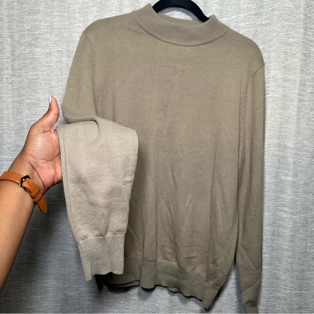 Jeff Beige Mock Neck Knit Sweater Men's Soft Minimalist Cotton Acrylic Pullover - Picture 12 of 15